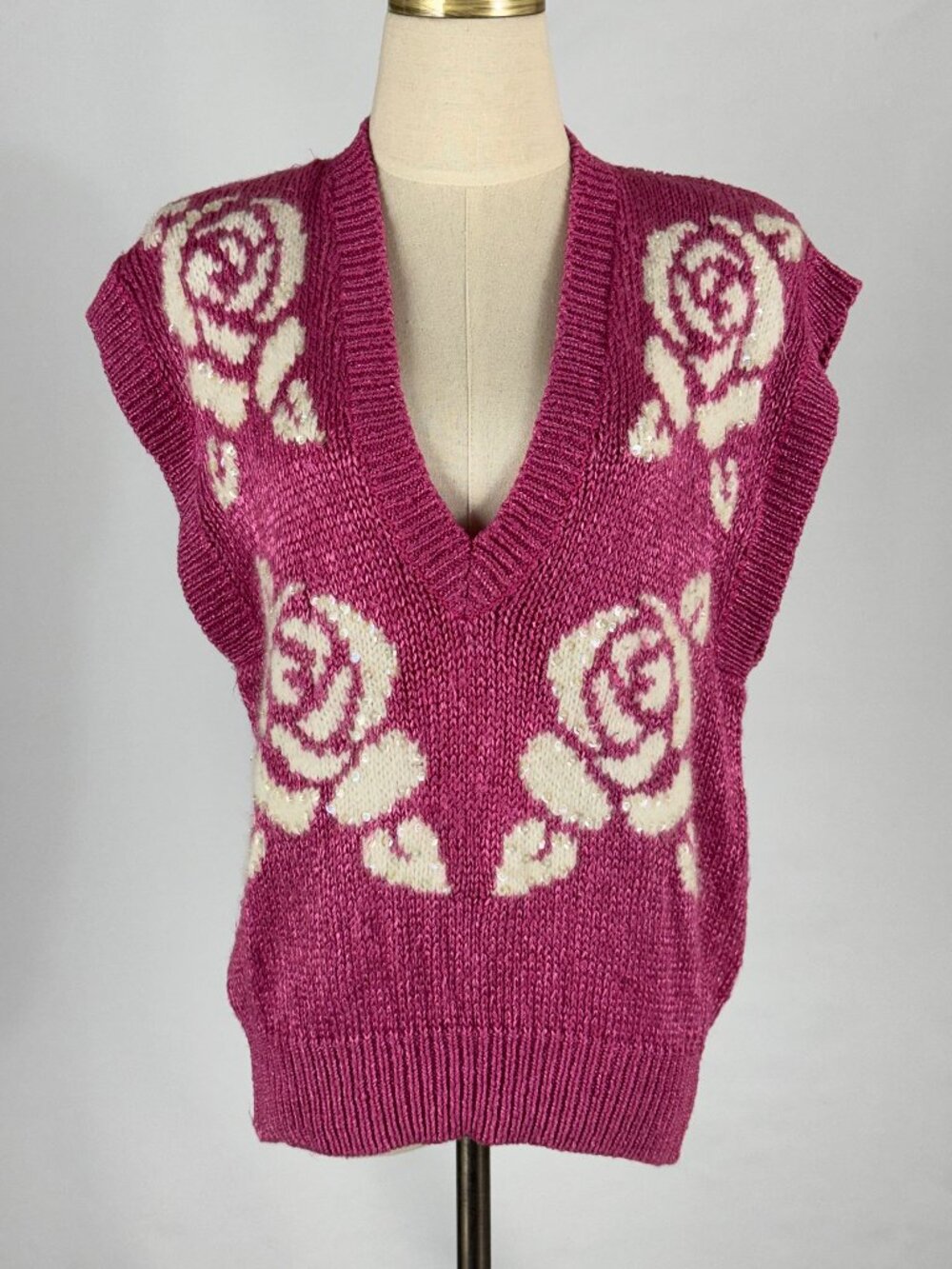 Vtg 80s Hot Pink & White Rose Floral Sweater Vest Sequins Layering Deep V-Neck